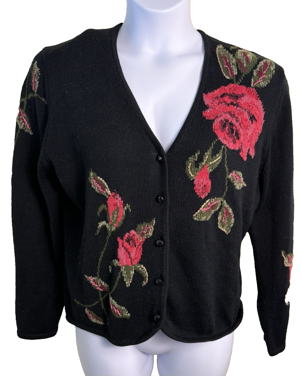 Vtg 90s Susan Bristol Cardigan Sweater Black Red Rose Embroidered Large Grandma